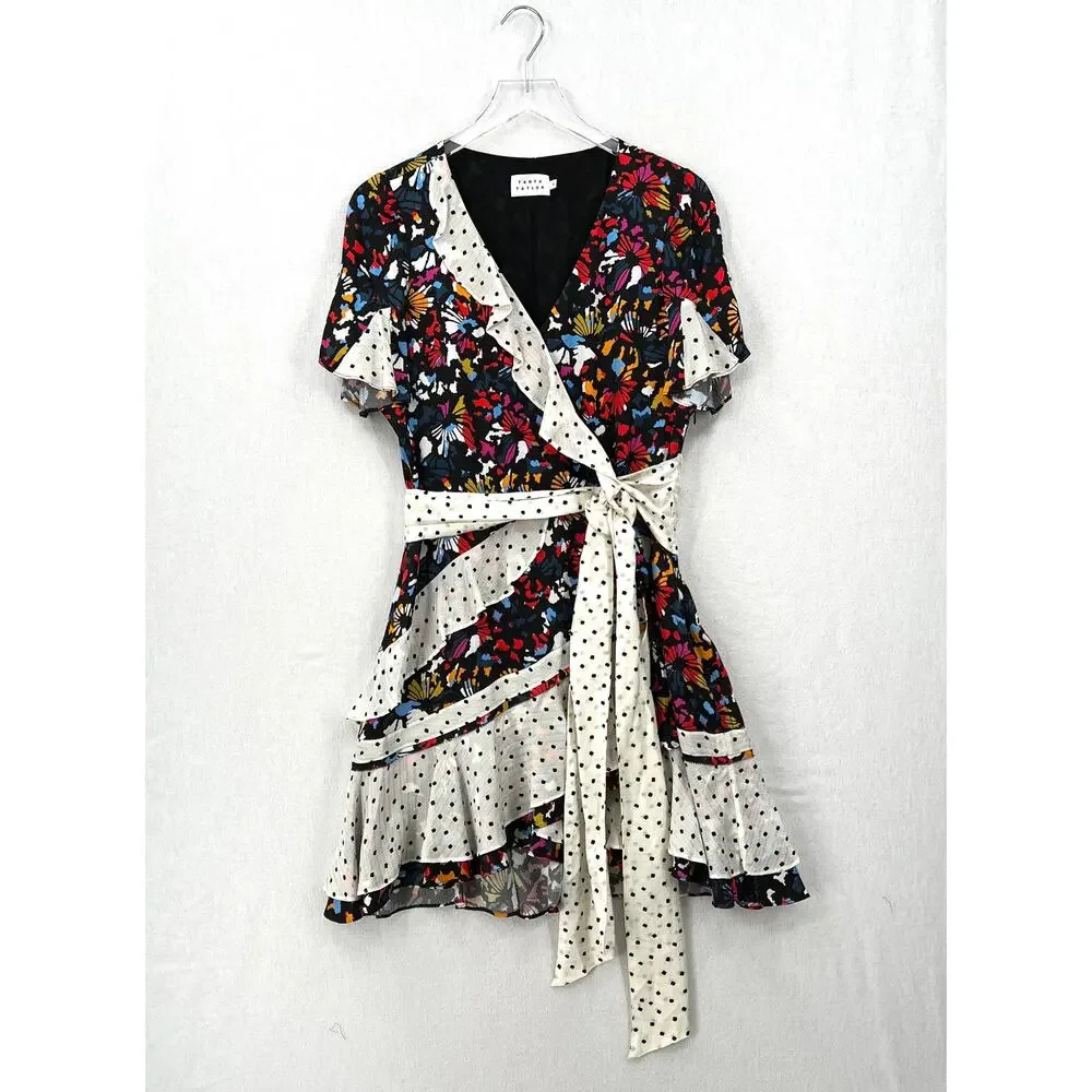 TANYA TAYLOR Bianka Combo Silk Wrap Dress Womens 8 Floral Polka Dot Ruffle Wrap - Picture 4 of 16